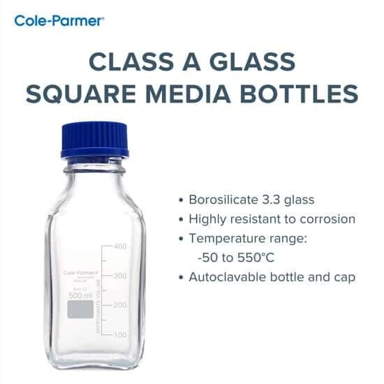 Cole-Parmer Class A Square Glass Media Bottles 1000ml with 100mL Graduation - Ideal for Laboratory Storage, Chemical Mixing & Scientific Experiments