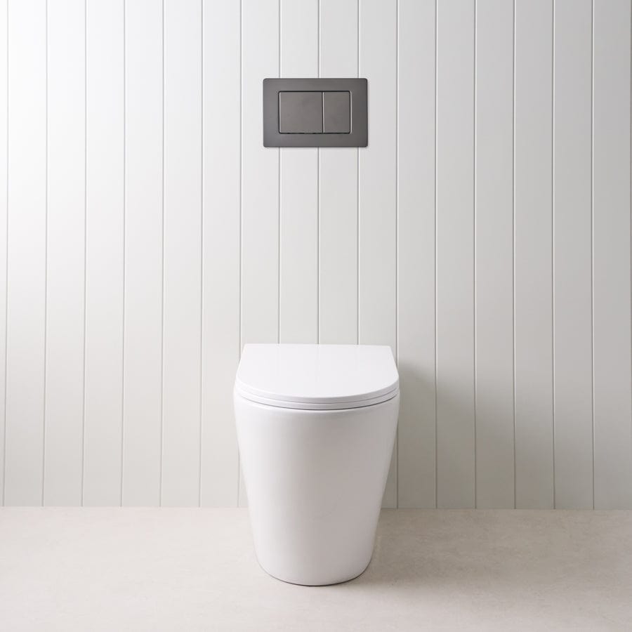 Angled In-Wall Toilet with Rectangle Matte Black Buttons - Modern Space-Saving Bathroom Solution for Small Homes and Apartments
