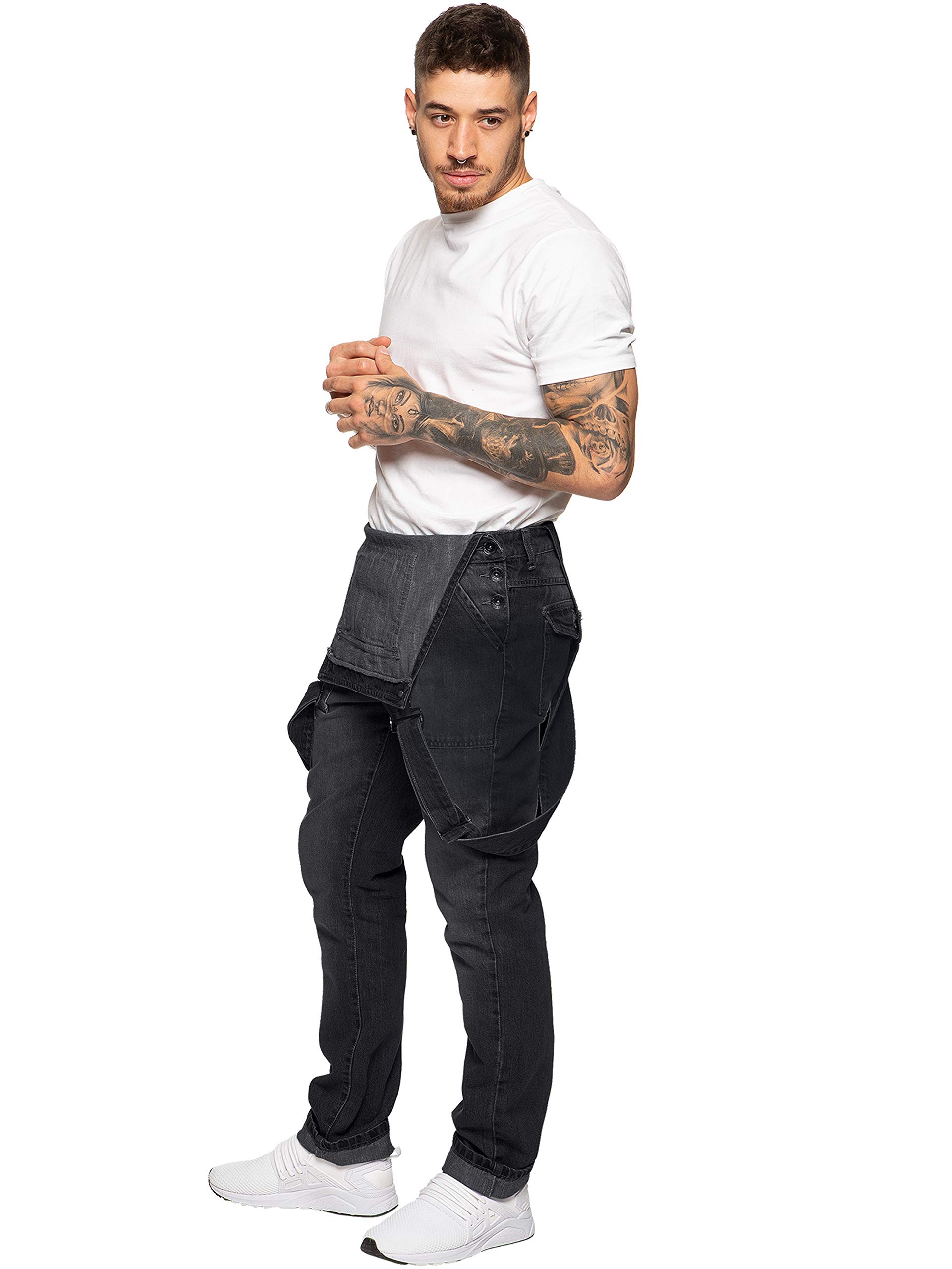 Ze ENZO Men's Denim Blue & Black Dungarees - Workwear Overalls with Fashionable Casual Style - Waist Sizes 30-50 - Perfect for Construction, Farming, DIY Projects & Streetwear Fashion