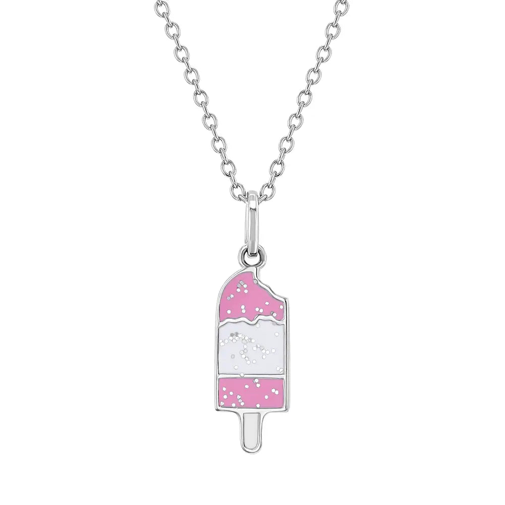 Kids' Sterling Silver Pink Glitter Ice Cream Bar Pendant Necklace - Adorable Jewelry Gift for Girls Birthday & Special Occasions