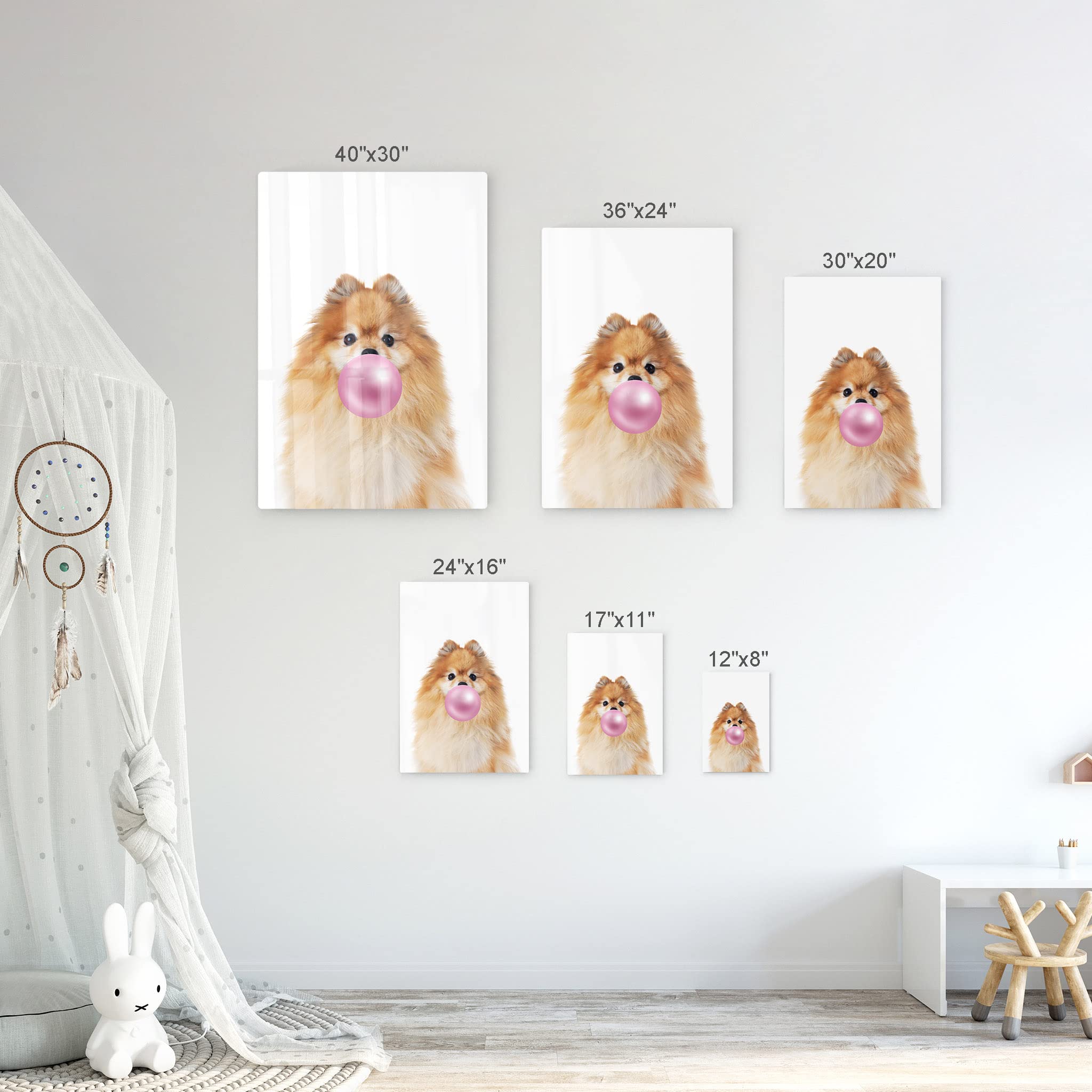 Pomeranian Dog Chewing Pink Bubble Gum Metal Wall Art Print - Pet Lover Gift, Animal Pop Art for Office, Living Room, Bedroom & Nursery Decor (12x8 inches) - Perfect for Dog Lovers & Home Decoration