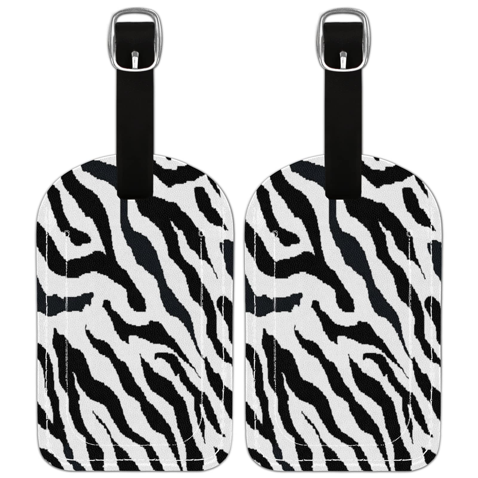 2 Pack PU Leather Luggage Tags with Privacy Cover - Zebra Print Suitcase ID Labels for Travel Bags | Durable Animal Texture Name Tags for Airlines, Cruise Ships & Vacation Identification