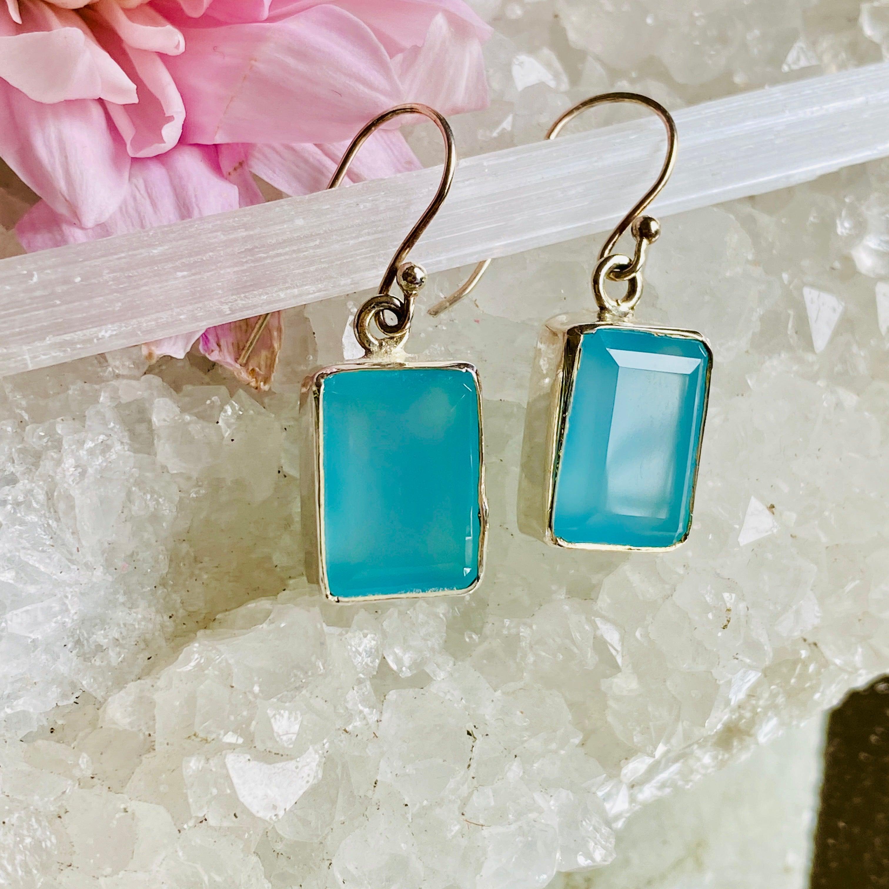 Blue Chalcedony Faceted Rectangular Earrings for Women – Elegant Gemstone Jewelry for Parties, Weddings & Special Occasions – KEGJ817