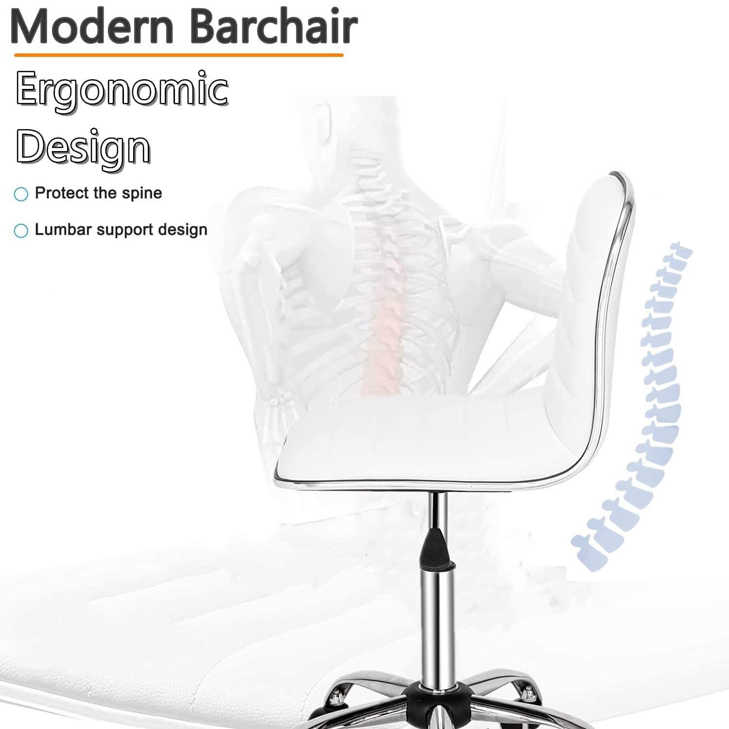 Ergonomic Adjustable Office Chair - Modern PU Leather Swivel Task Chair with Lumbar Support for Home Office, Gaming & Makeup Vanity (White) | Comfortable Desk Chair for Long Hours of Work & Study
