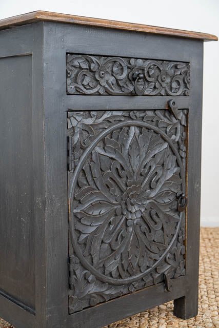 Handmade Charcoal Nightstand - Solid Wood Bedside Table with Hand Carved Design | Perfect for Bedroom, Living Room & Guest Room Decor