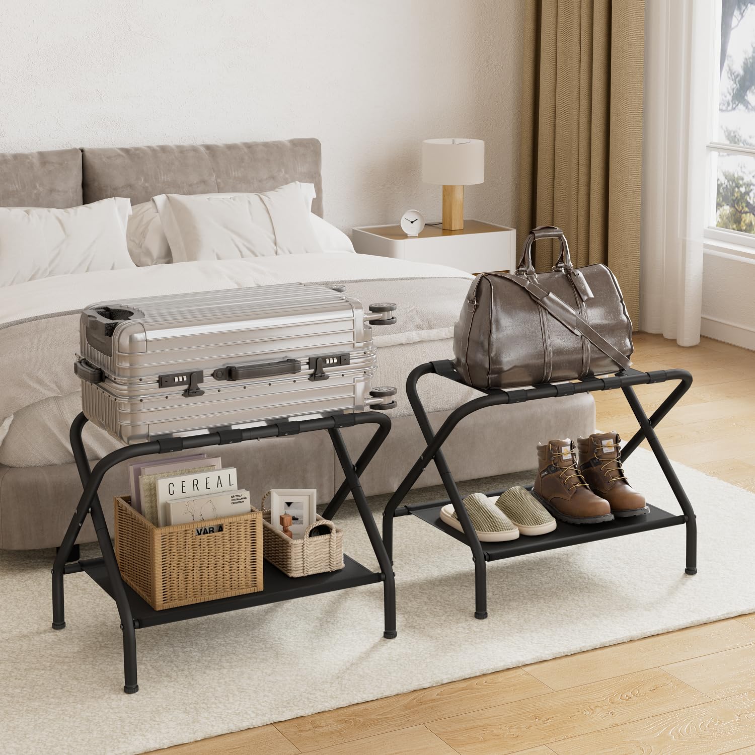 Dunatou Folding Luggage Rack with Storage Shelf - Heavy Duty 200 lb Capacity - Space Saving Suitcase Stand for Hotel Bedroom, Guest Room & Home Use - Sturdy Black Travel Organizer for Suitcases & Bags