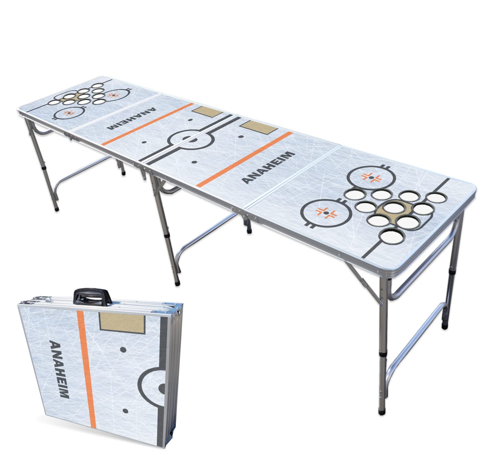PARTYPONG 8-Foot Folding Portable Beer Pong Table with Optional Cup Holes & LED Lights - Anaheim Hockey Rink Design for Outdoor Parties, Tailgates & College Events (Multiple Models Available)