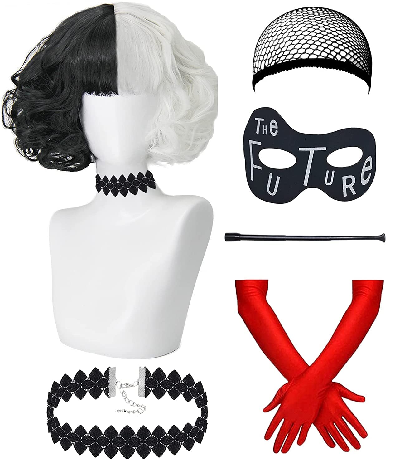 Cruella De Vil Costume Wig Set for Women - Short Black & White Cosplay Wig with Gloves, Wig Cap, Mask, Holder & Necklace | Perfect for Halloween, Carnival, Cosplay Parties & Fancy Dress Costumes