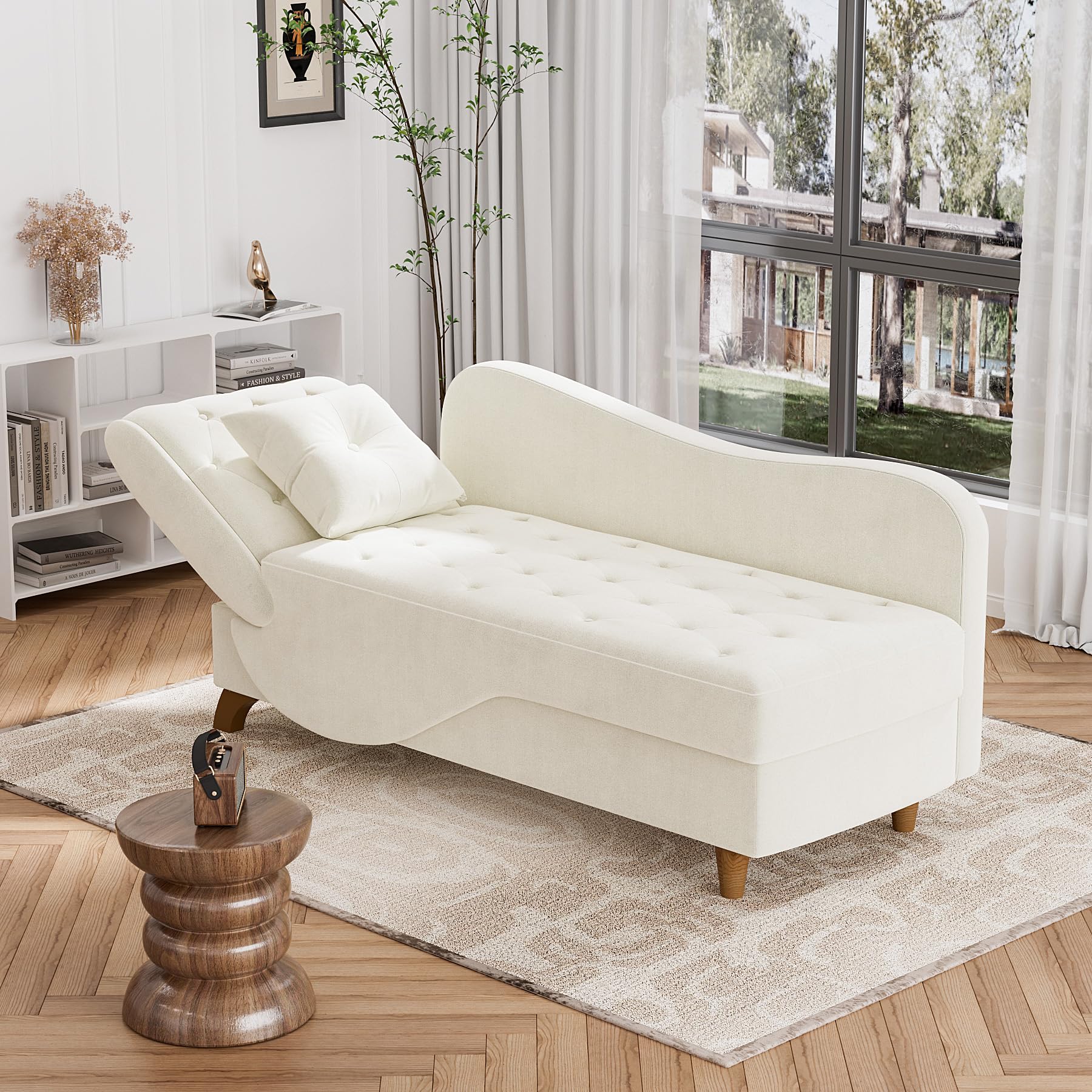 OUYESSIR Velvet Upholstered Chaise Lounge - Adjustable Recliner Sofa with Storage & Pillow, Button Tufted Living Room Chair for Bedroom, Office - Beige | Perfect for Relaxing, Reading & Small Space Living