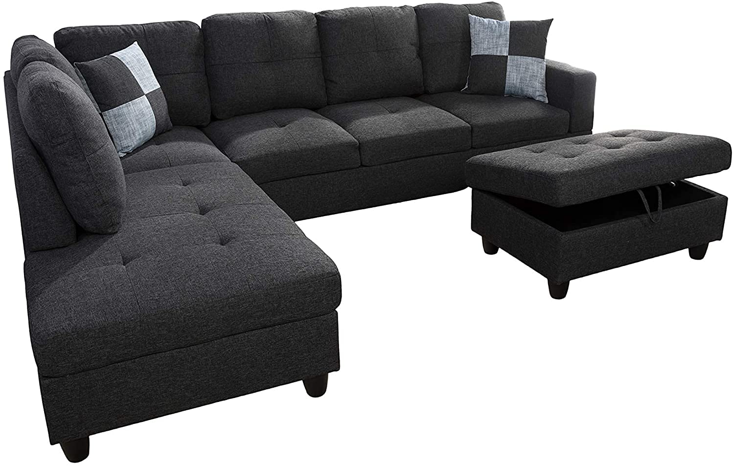 Reversible 3-Piece Sectional Sofa with Chaise & Storage Ottoman - Modern Living Room Couch in Black Grey (Left Hand Facing) | Perfect for Small Spaces, Apartments & Cozy Family Gatherings