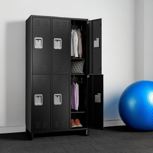 Aobabo 6-Door Steel Storage Locker Cabinet - Heavy Duty Metal Locker for Office, Gym, Bedroom & Dorm - Industrial Organization with 12 Hooks (Black, Assembly Required) - Perfect for Employee Storage, School Lockers & Sports Equipment Organization