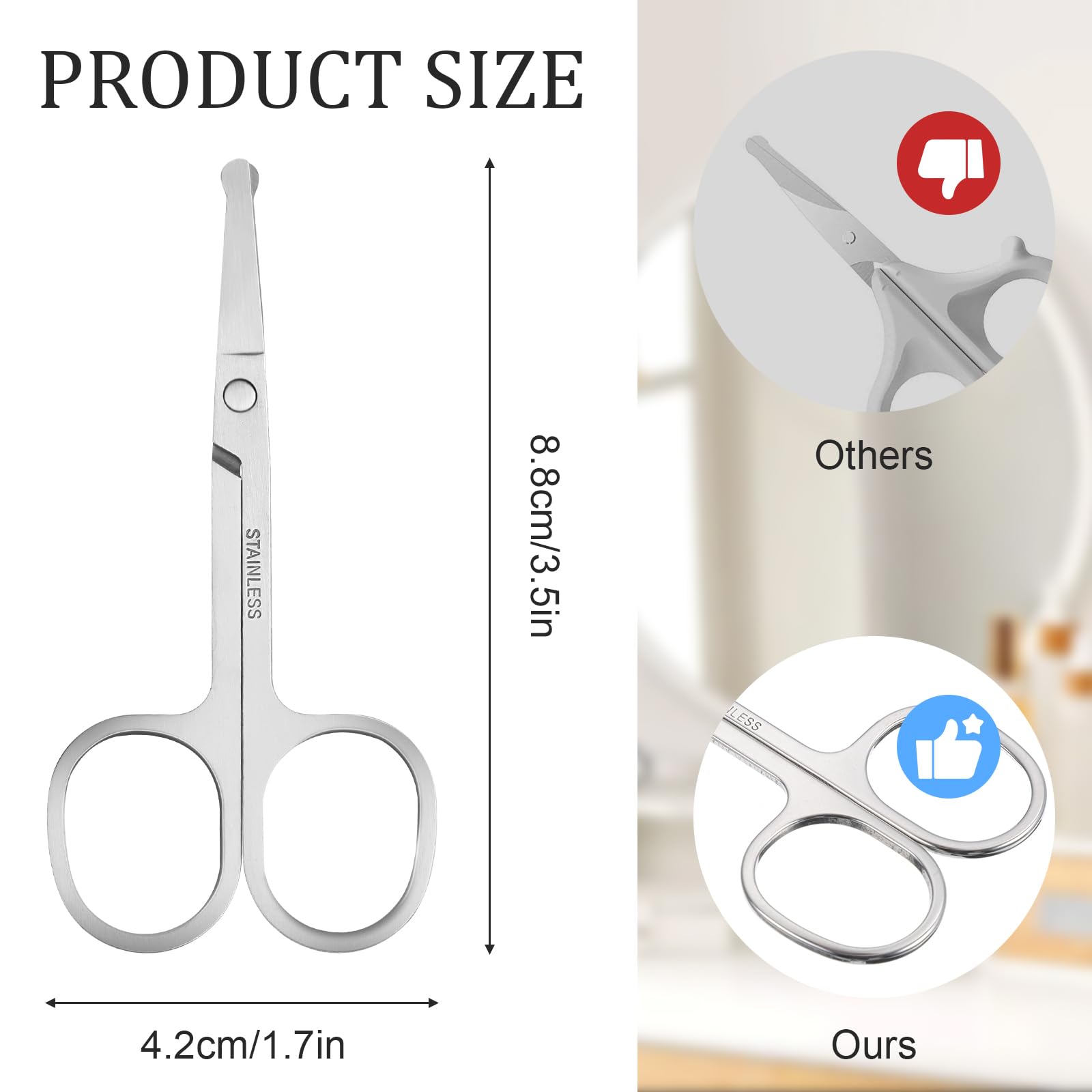 Premium Stainless Steel Nose Hair Scissors - Rounded Tip Safety Grooming Scissors for Men & Women - Trimming Facial Hair, Mustache, Eyebrows - Perfect for Travel & Personal Care (Silver)