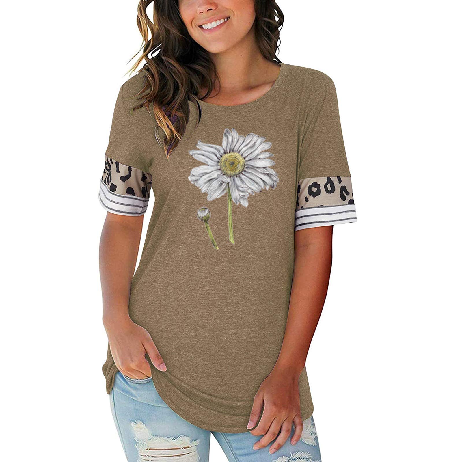 Women's Floral Print Short Sleeve Crewneck T-Shirt - Summer Casual Side Split Tunic Top for Beach, Vacation & Everyday Wear