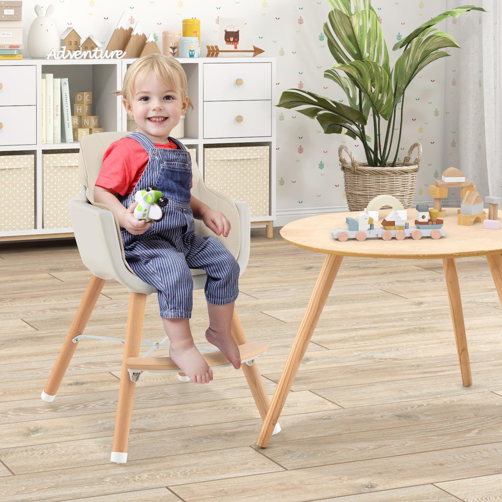 HONEY JOY 3-in-1 Wooden High Chair for Babies & Toddlers - Convertible Booster Seat & Toddler Chair with Removable Tray, 5-Point Safety Harness, PU Cushion & Adjustable Footrest - Beige - Perfect for Dining, Weaning & Learning to Sit Independently