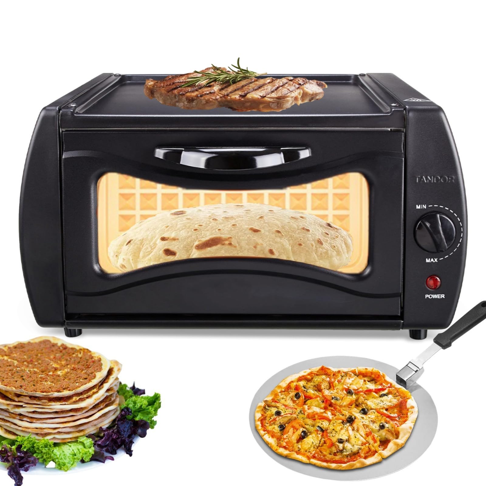 Electric Tandoor Oven for Naan, Roti & Pizza - 16QT Countertop Pizza Maker | 4-Min Fast Cooking | 122°F-752°F Adjustable Temp | Multi-Function Griddle Toaster Oven with Pizza Peel | Perfect for Home Kitchens, Indian Restaurants & Pizza Parties