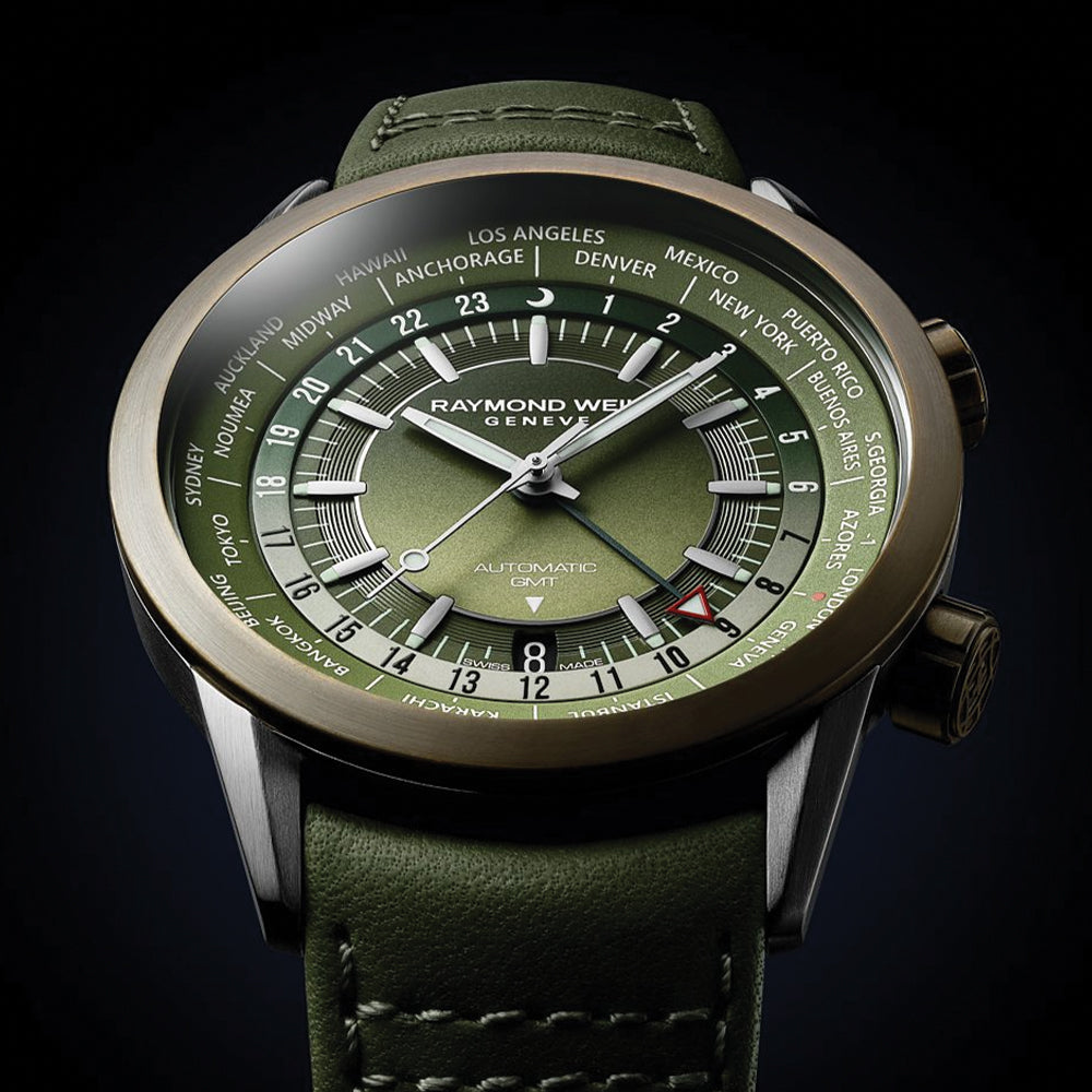 Freelancer GMT Worldtimer Watch 40.5mm Green Dial Leather Strap - Perfect for Business Travel & International Timekeeping