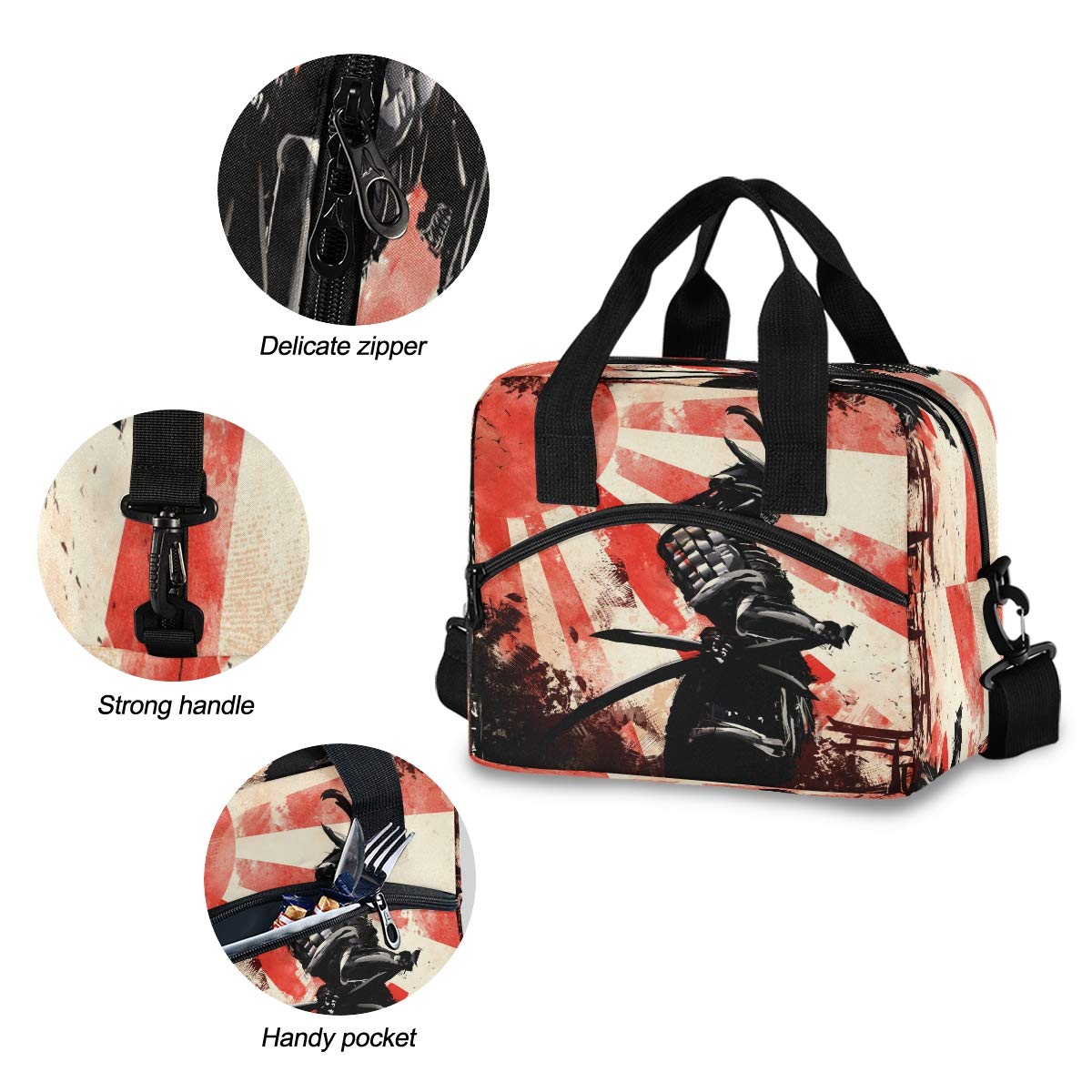 Japanese Samurai Red Sun Insulated Lunch Bag - Reusable Thermal Cooler Tote with Adjustable Shoulder Strap for Office, School & Outdoor Picnics | Perfect for Work Lunches, School Meals & Camping Trips