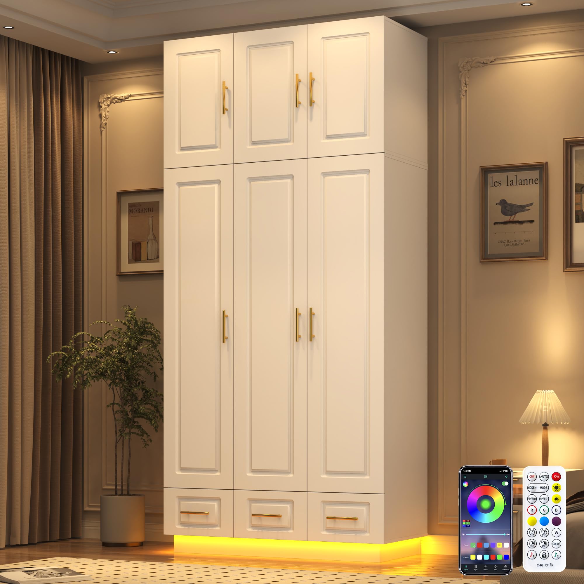 Large Armoire Wardrobe Closet Cabinet with Drawers & LED Lights - Multi-Tier Shelves, Hanging Rod, Spacious 3-Door Storage for Bedroom - White | Perfect for Organizing Clothes, Shoes & Accessories in Master Bedroom, Guest Room or Walk-In Closet