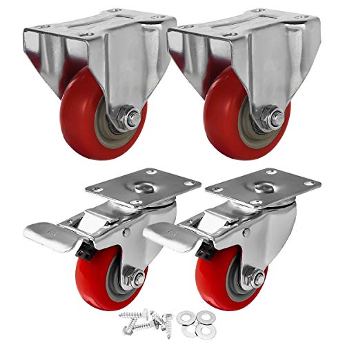 FactorDuty 4-Pack 3-Inch Caster Wheels - 2 Swivel 360° with Brake & 2 Rigid Fixed Wheels - Red Polyurethane Wheels with Hardware - Ideal for Carts, Workbenches, and Industrial Equipment