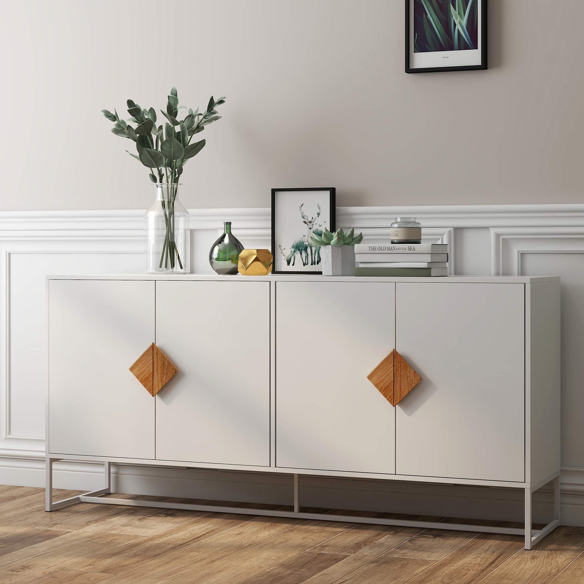 HONOOR White Modern Sideboard Cabinet - 4 Door Kitchen Buffet Storage with Solid Wood, Entryway TV Stand & Cupboard Furniture | Perfect for Living Room, Dining Room, and Hallway Organization