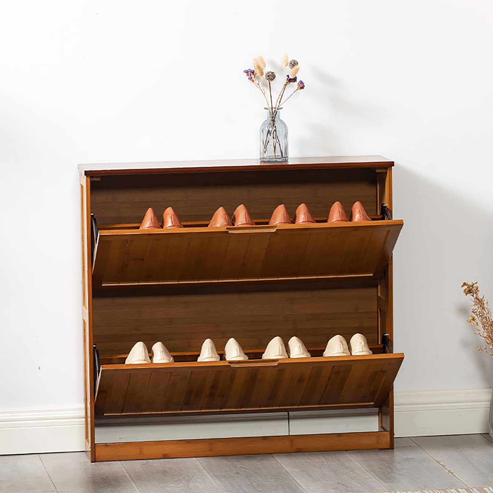 Natural Bamboo Shoe Cabinet with 2 Drawers - Hidden Shoe Storage Organizer for Entryway, Rustic Farmhouse Decor Furniture (60x17x77cm/24x7x30in) - Perfect for Small Spaces & Apartment Living