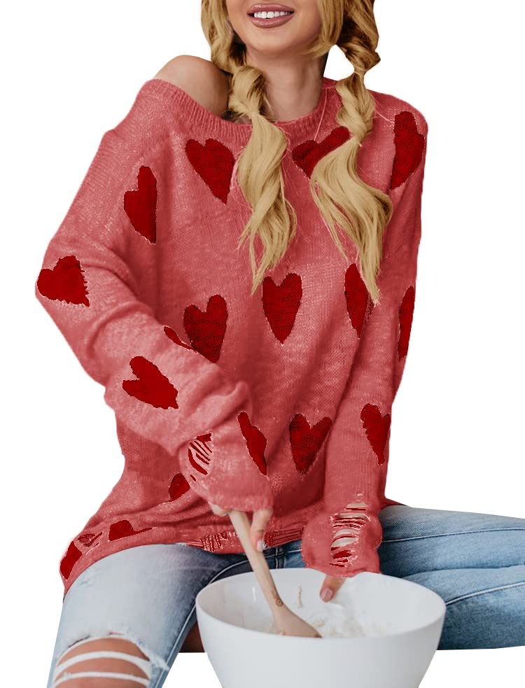 Tutorutor Women's Cute Love Heart Print Sweater - Oversized Off Shoulder Loose Knit Valentine Pullover Blouse Top for Casual Wear, Date Night & Valentine's Day Outfits