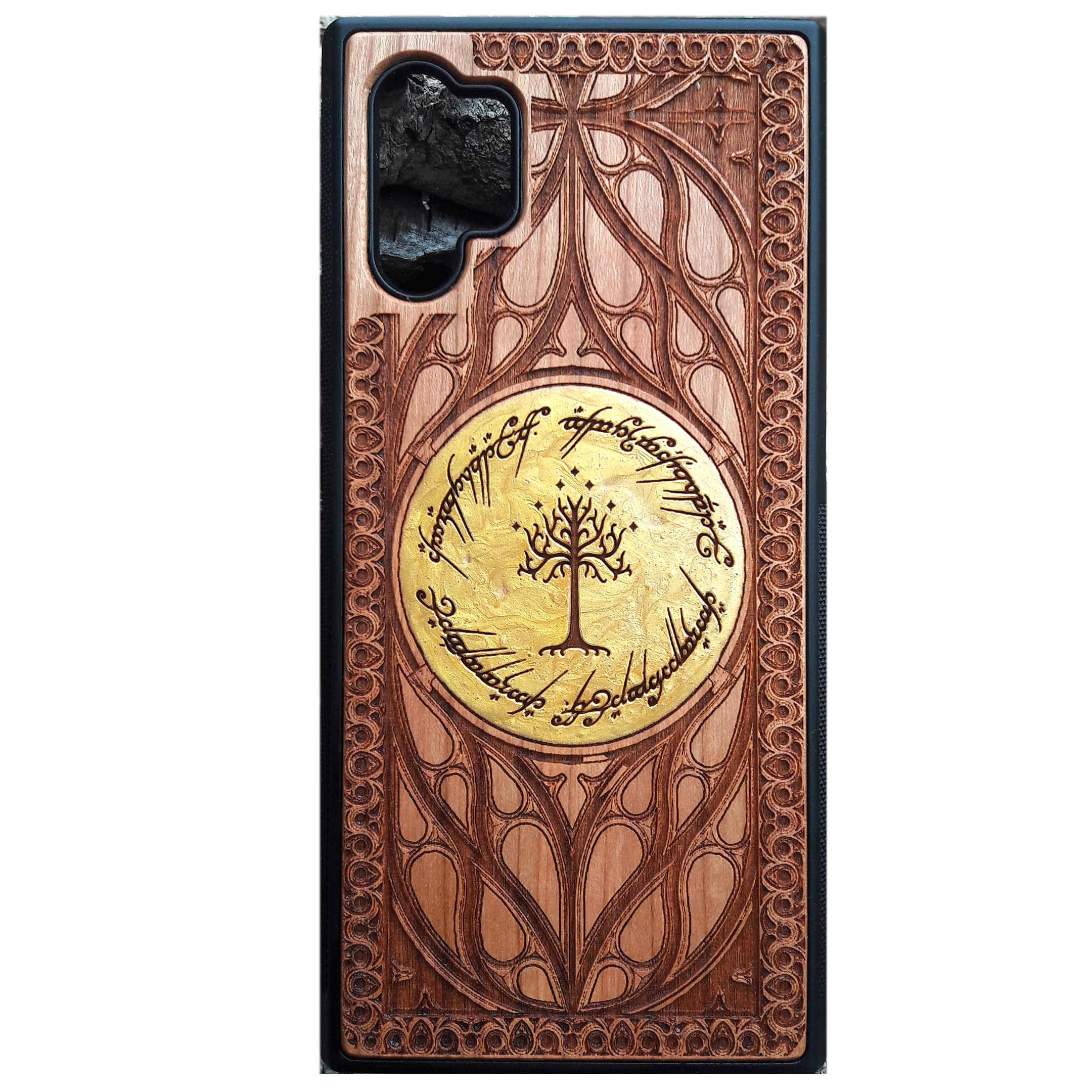 Hand-Painted Elvish Symbol Laser Engraved Wooden Phone Case for iPhone 16/15/14/13/12/11 Pro Max/Mini & Galaxy S25/S24/S23/S22/S21/S20 Ultra Plus - Eco-Friendly Slim Durable Wood Cover - Perfect for Fantasy Lovers & Nature Enthusiasts
