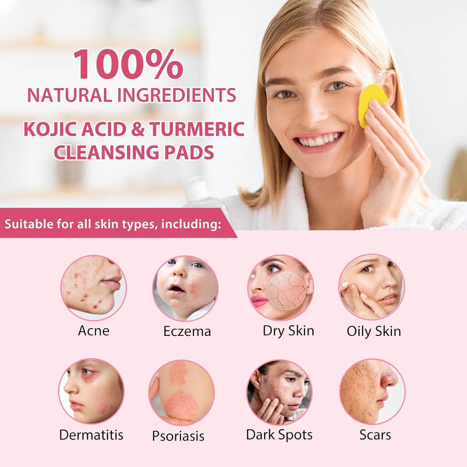 Turmeric Kojic Acid Cleansing Pads for Acne & Dark Spots | Exfoliating Face Pads to Balance Oil & Water | Unclog Pores & Reduce Scars | Infused Foaming Treatment for Glowing Skin | Perfect for Daily Skincare Routine & Travel