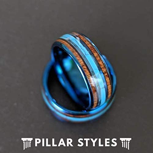 Blue Koa Wood & Tungsten Wedding Band with Turquoise Inlay - 8mm Comfort Fit Men's Ring - Anniversary Gift for Him - Perfect for Weddings, Engagements & Special Occasions