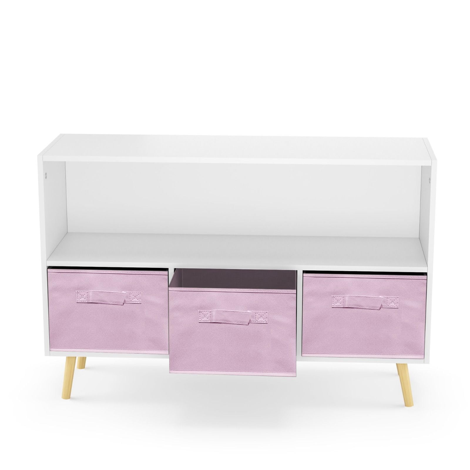 2-Shelf Bookcase with 3 Fabric Storage Bins - Wooden Storage Organizer with Pine Legs for Nursery, Bedroom & Living Room - Perfect for Kids' Toys, Books & Home Decor Organization