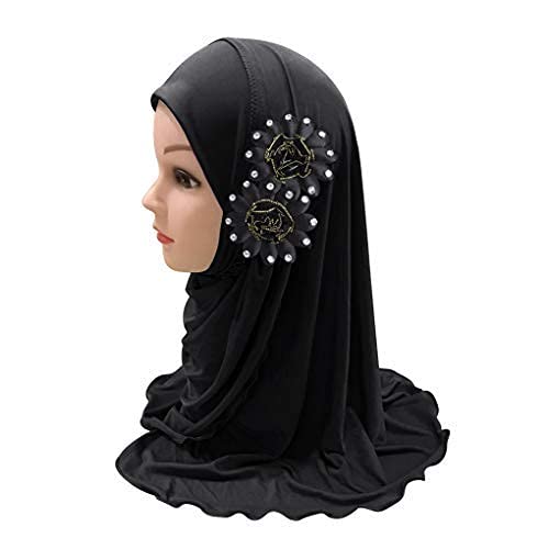 Girls Muslim Hijab Floral Lace Head Scarf - Islamic Arab Shawl for Kids with Flower Design - Perfect for School, Prayer & Special Occasions