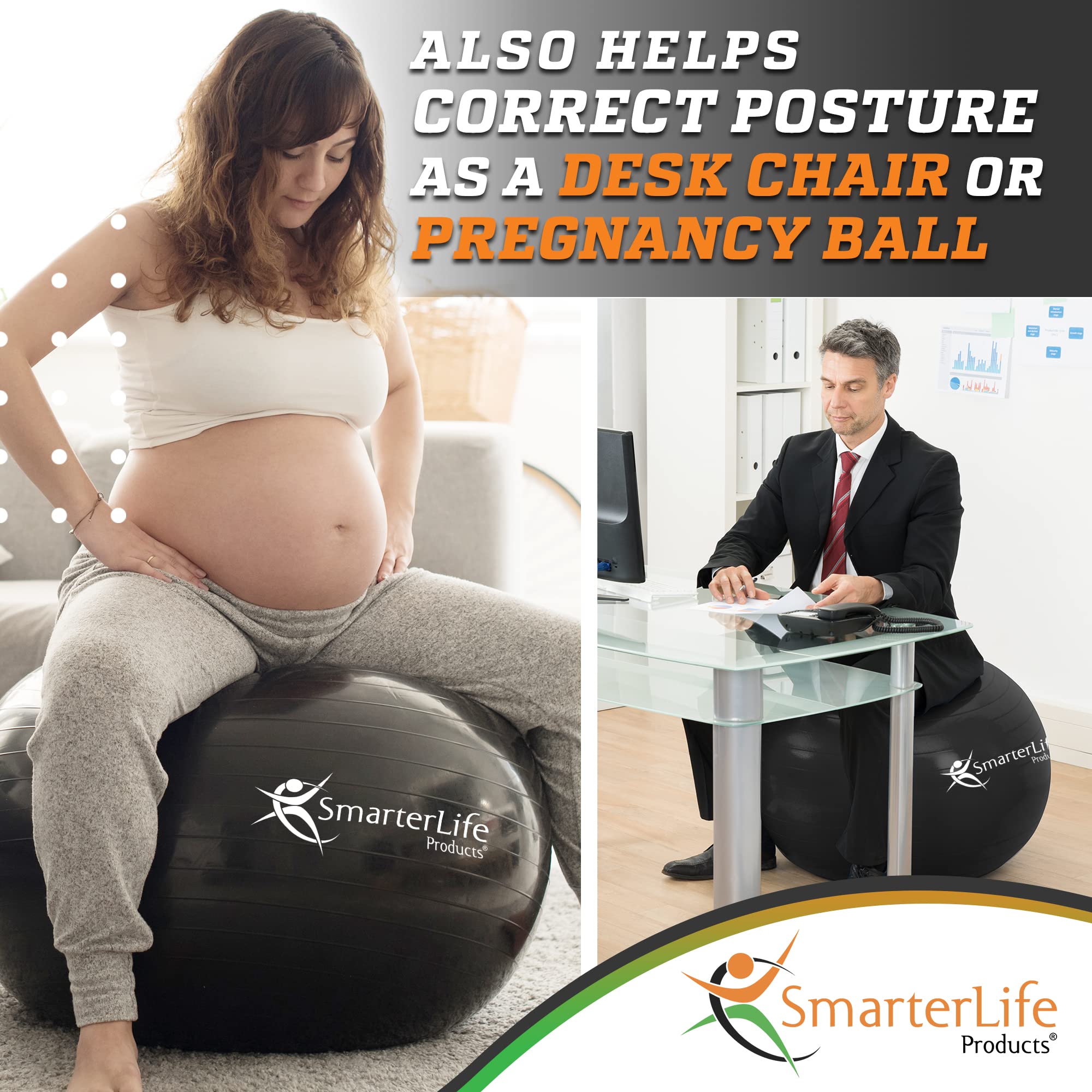 SmarterLife Exercise Ball - Anti-Burst Yoga Ball for Fitness, Core Workouts, Physical Therapy & Pregnancy Support | Balance & Stability Training | Office Yoga Ball Chair | Perfect for Home Gym, Yoga Studio & Physical Therapy Sessions