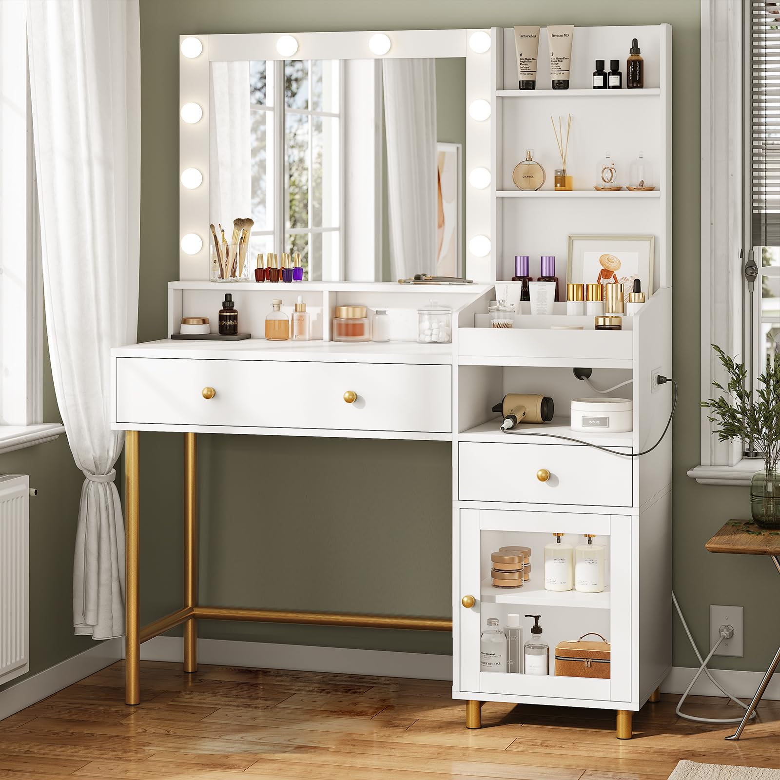 AOGLLATI 3-Color LED Makeup Vanity Desk with Mirror, Charging Station & Storage - White Vanity Table with Unique Separation Design for Bedroom, Dressing Room & Salon
