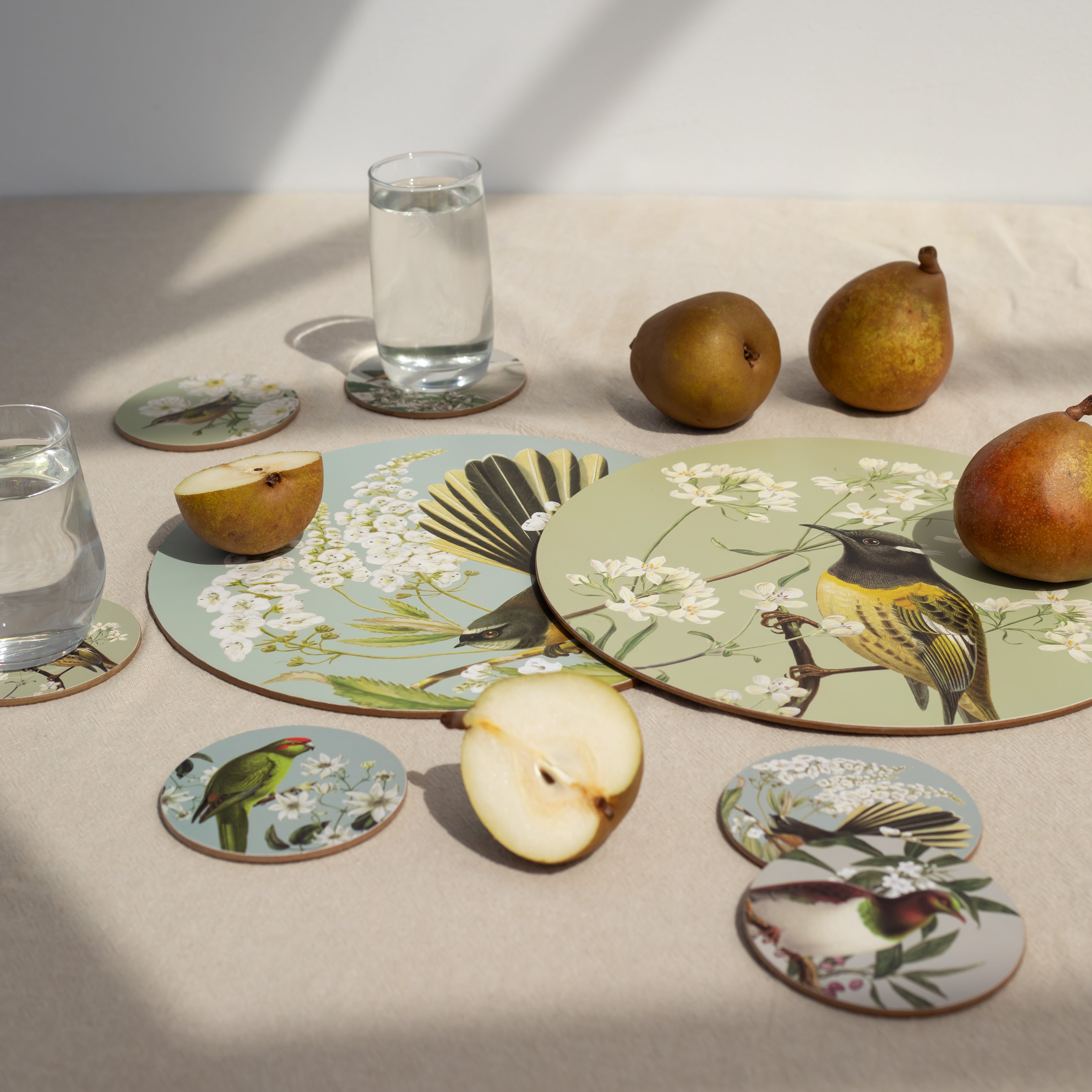 NZ Birds & Botanicals Coasters Set of 6 - Premium Cork Drink Coasters for Home, Office & Cafe Use - Protect Tables from Water Rings & Stains