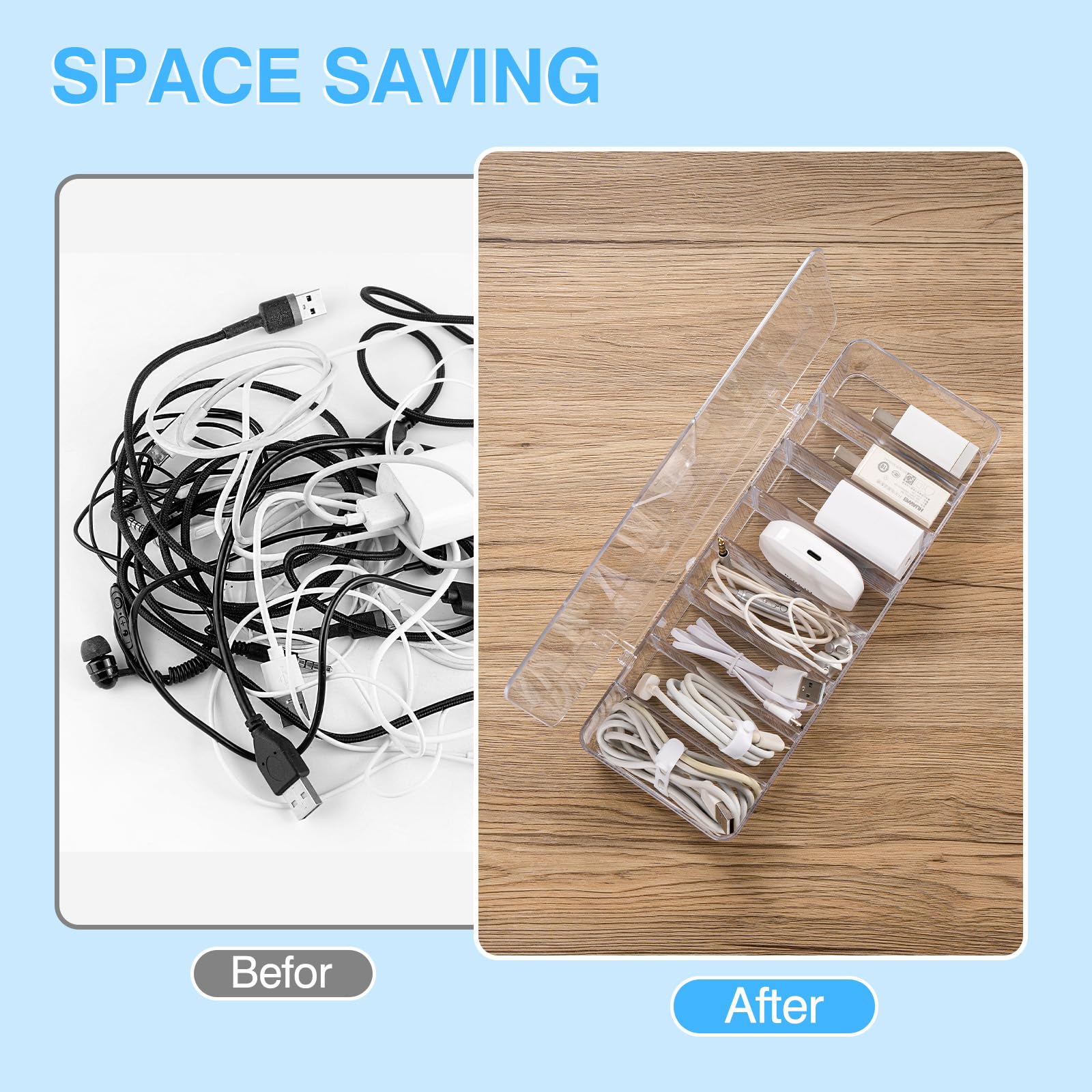 HOMEE 2-Pack Clear Plastic Cable Organizer Box with Lid - 8 Compartment Cord Storage for Chargers, Wires & Electronics - Perfect for Home, Office Drawer & Travel Organization (Cable Management Solution)