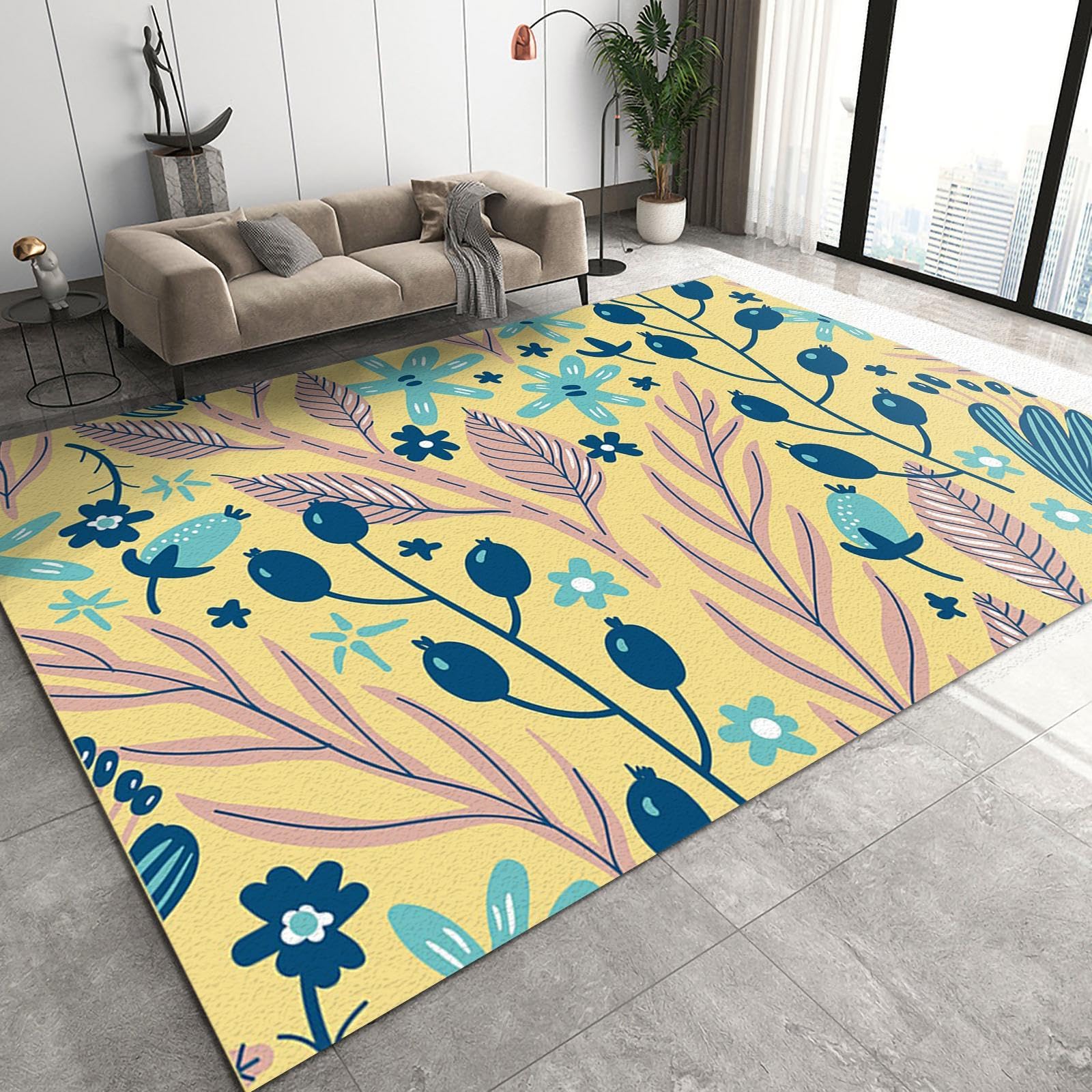 8x10 Large Fluffy Area Rugs - Yellow Green Ocean Plant Print, Non-Slip Nursery Rug for Living Room & Bedroom | Herbal Collection Soft Carpet for Kids Room, Home Decor