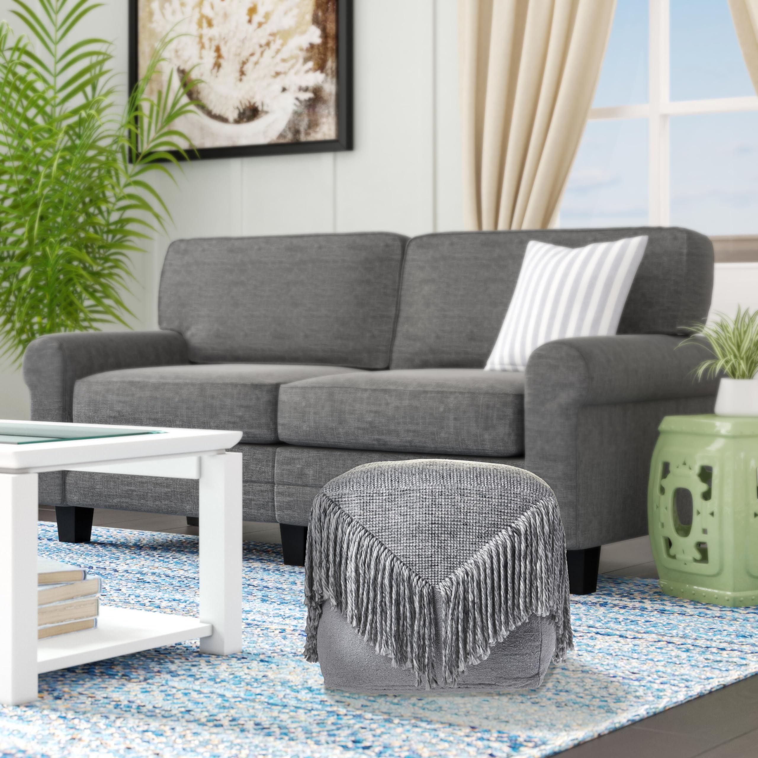 LR Home Evette Rios Gray Distressed Wool Blend Square Ottoman Pouf - Handmade Modern Foot Rest & Decorative Accent for Bedroom, Living Room - 18