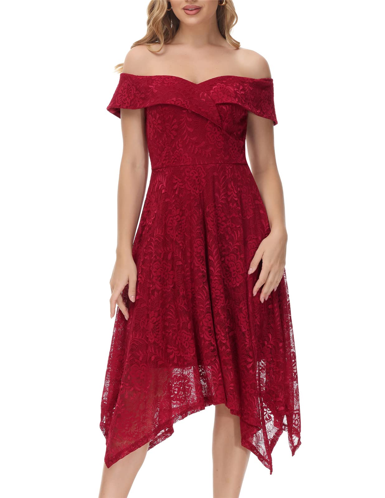 JASAMBAC Women's Off Shoulder High Low A Line Cocktail Dress for Wedding Guest Party | Elegant Formal Evening Gown for Prom, Bridesmaid, Dinner Date & Special Occasions