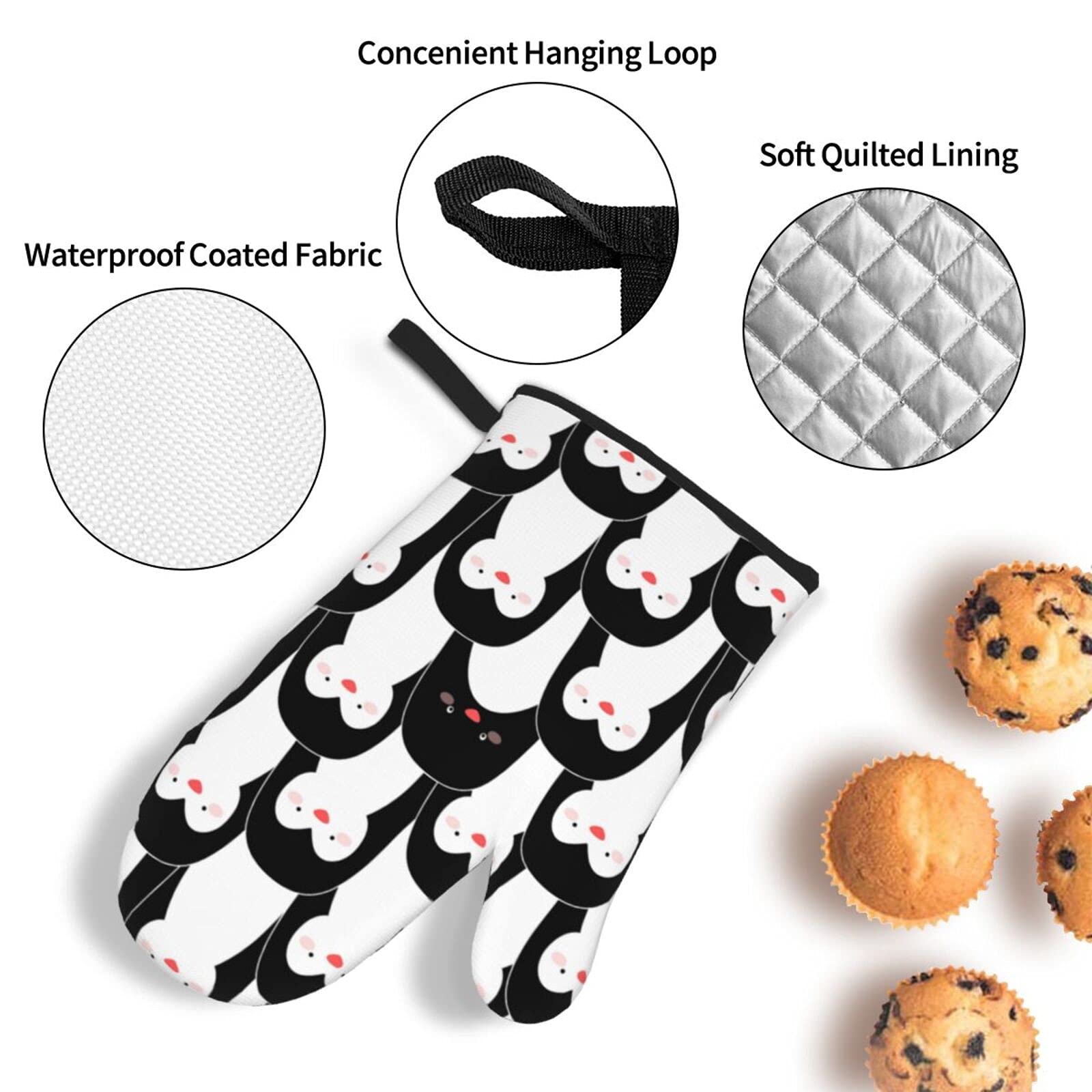 Cute Penguins Print 4-Piece Oven Mitts and Pot Holders Set - Heat Resistant, Non-Slip Kitchen Gloves with Inner Cotton Layer for Cooking, Baking, BBQ & Grilling - Perfect for Holiday Gifts, Housewarming & Kitchen Decor