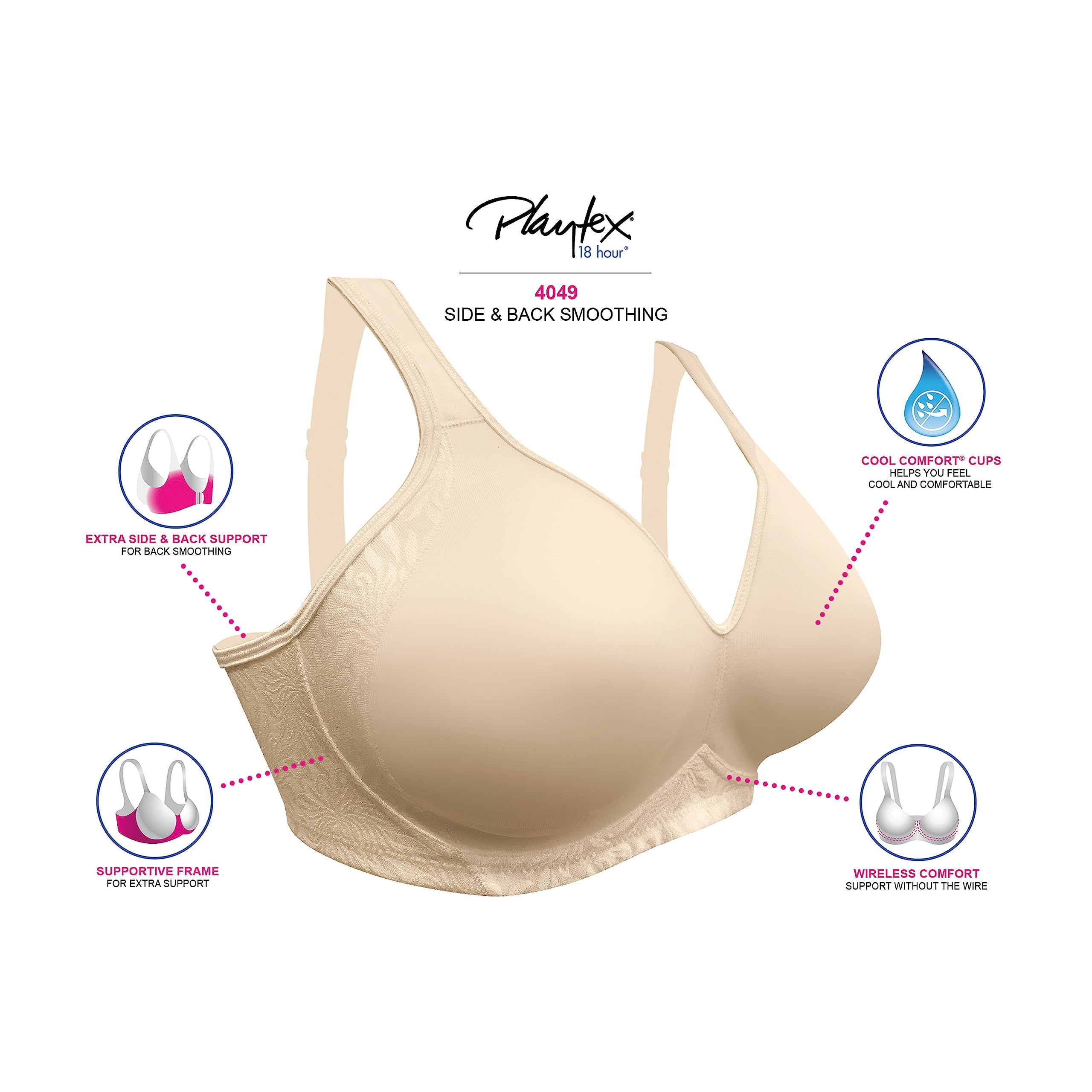 Playtex Women's 18 Hour Comfort Wireless Bra - Side & Back Smoothing Cooling T-Shirt Bra with 4-Way Support (Single or 2-Pack) | Perfect for Workouts, Office Wear & Everyday Comfort
