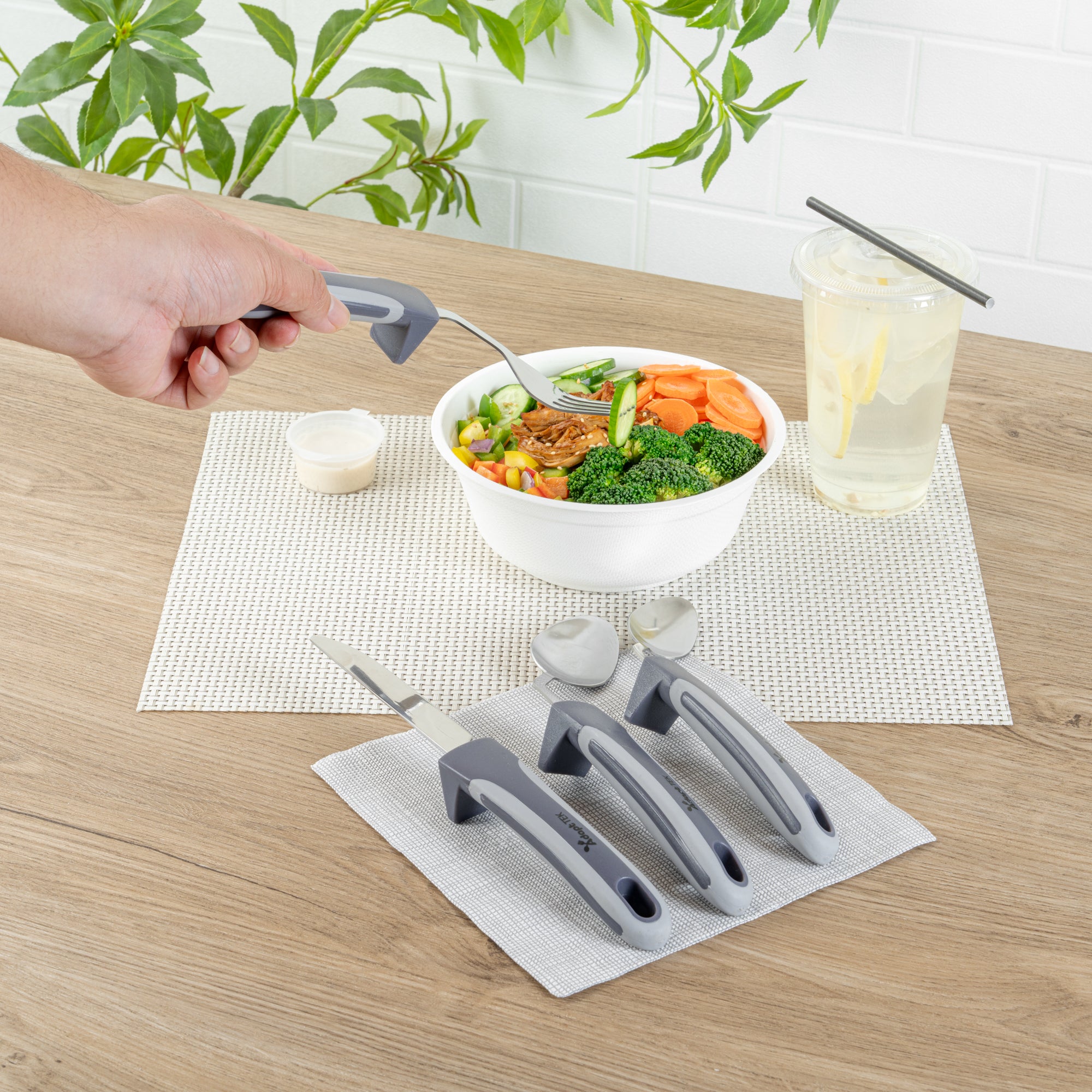 Adapt Tek Gray Stainless Steel 4-Piece Adaptive Offset Utensil Set for Left-Handed Users - Lightweight, Non-Slip Grip - Perfect for Arthritis & Limited Mobility - 1 Count Box - Ideal for Cooking, Dining & Assisted Living