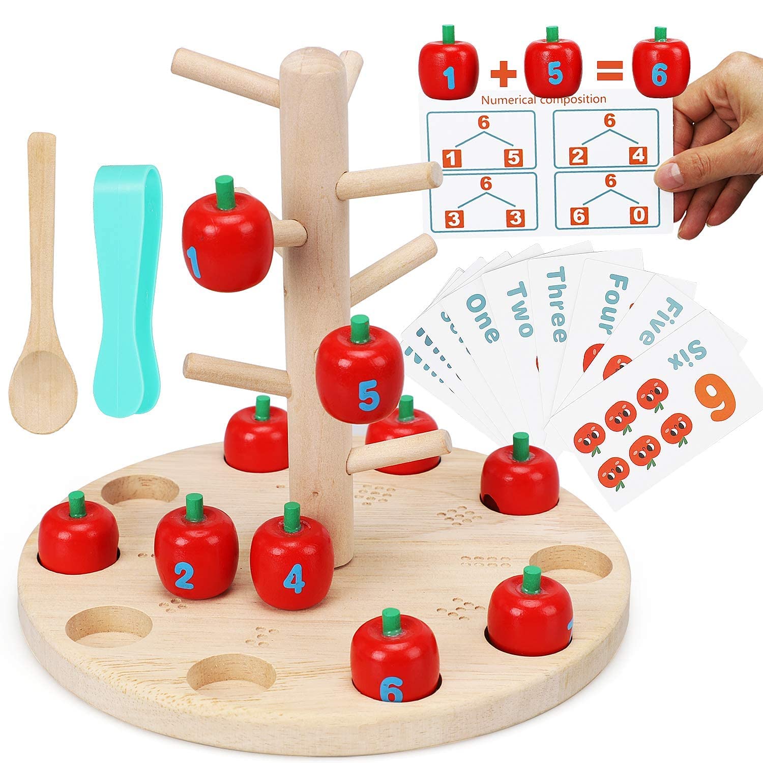 Montessori Math Toy Tree for Kids 3-6 - Counting Game with Tweezer & Spoon for Preschool Learning