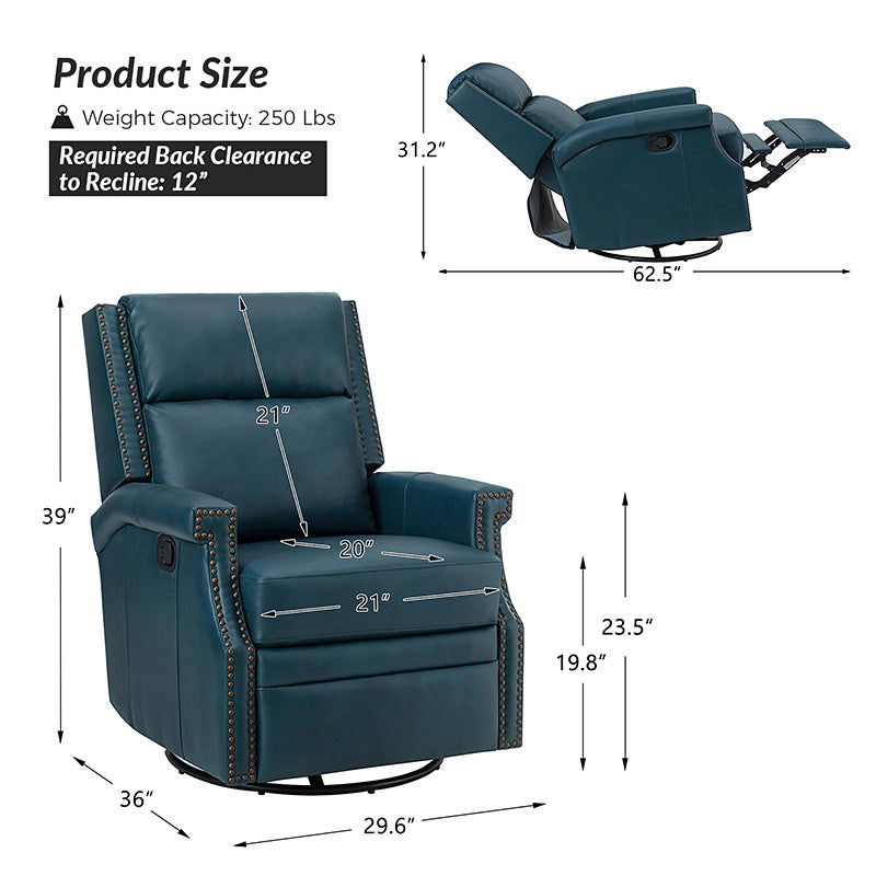 Canace Modern Genuine Leather Manual Glider Rocker Recliner Chair - Comfortable Swivel Lounge Chair for Living Room, Nursery, and Office Relaxation