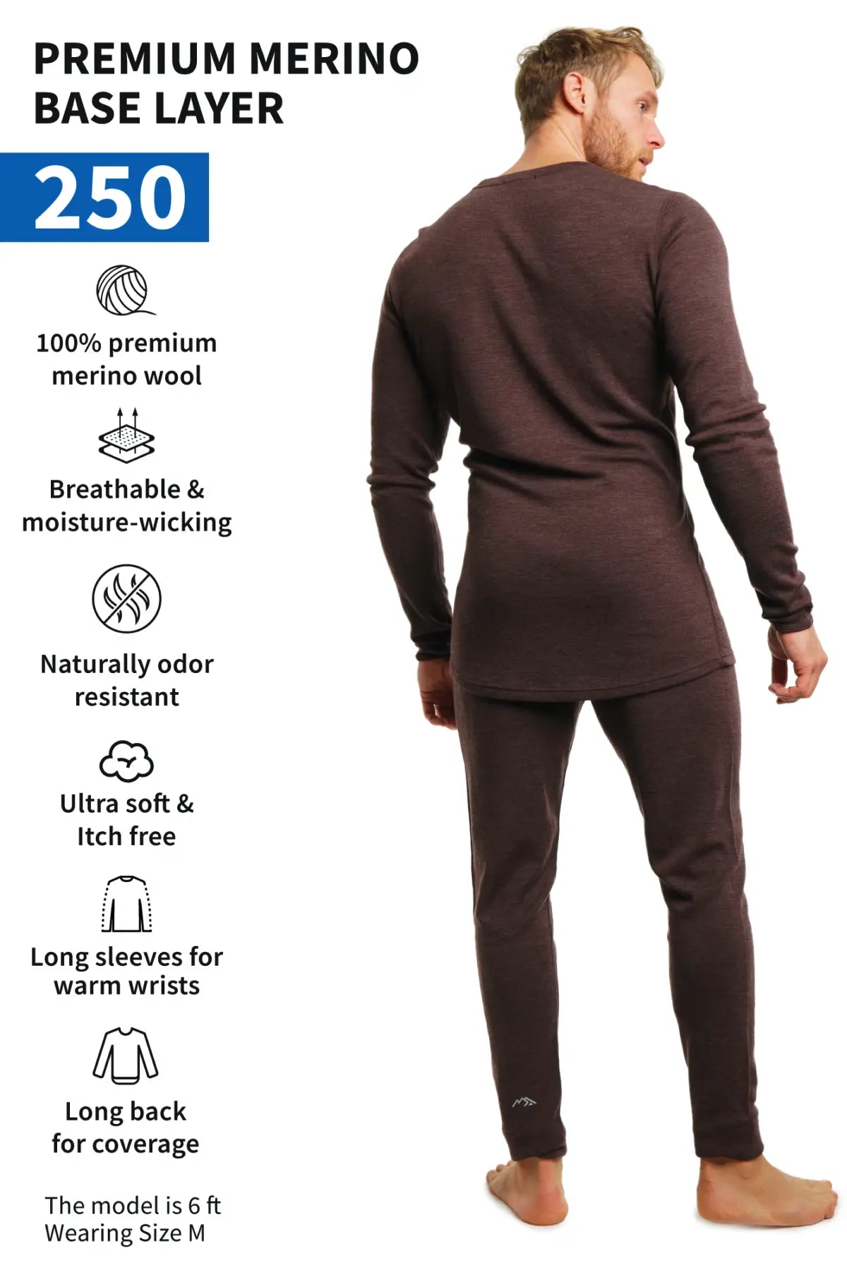 Premium Men's Merino Wool Thermal Underwear Set - 250g Midweight Base Layer for Cold Weather - Chocolate Brown - Ideal for Skiing, Hiking & Winter Outdoor Activities