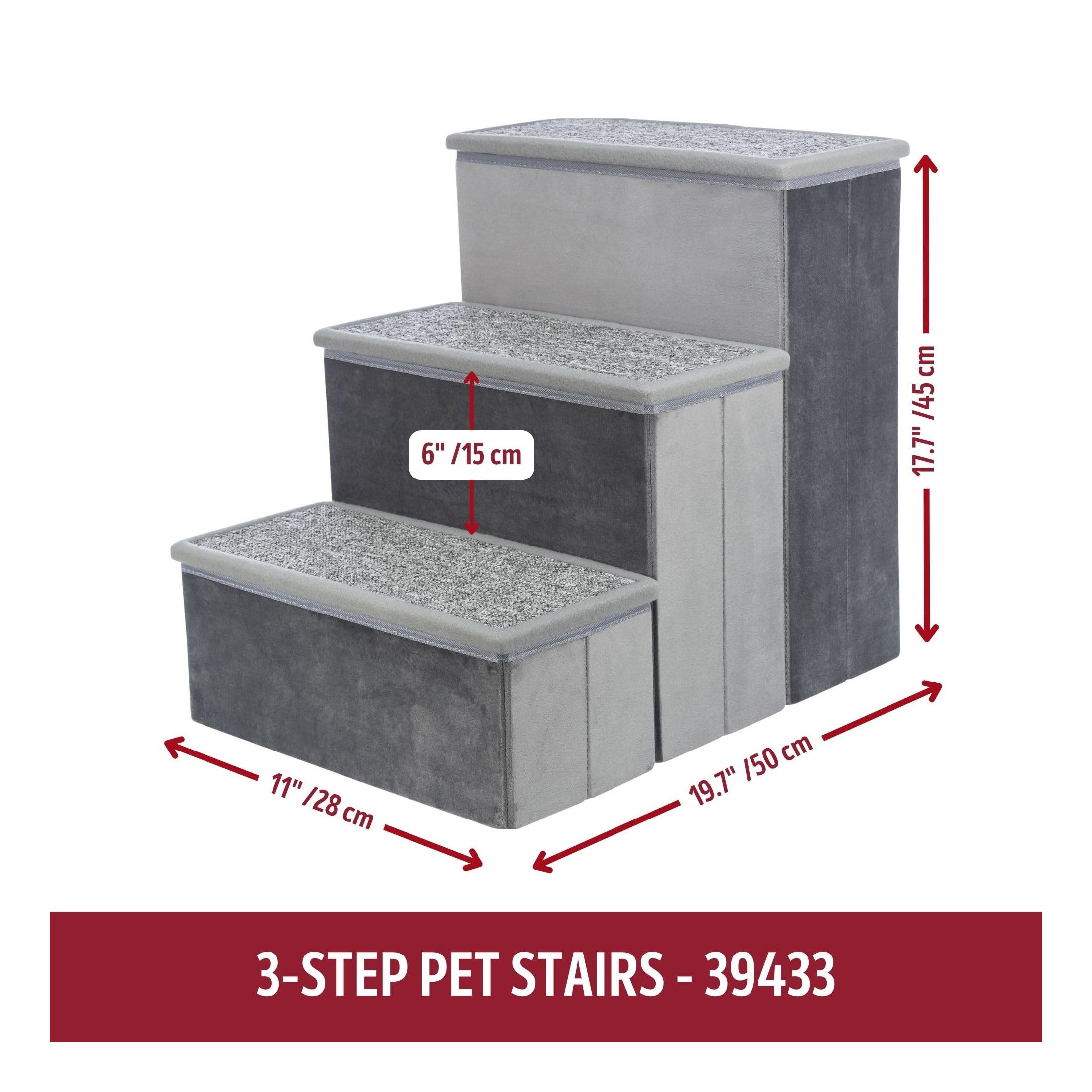 TRIXIE Velour 3-Step Pet Stairs with Storage | Collapsible Dog Steps for Small & Medium Dogs | Storage Compartments for Pet Toys & Supplies | Soft Gray | Perfect for Bed, Couch & Car Access