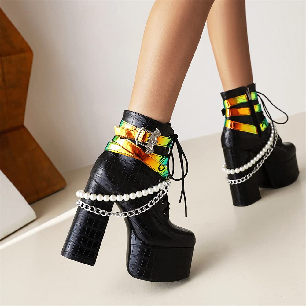 SaraIris Women's Chunky High Heel Platform Boots - Punk Goth Ankle Boots with Lace-up, Chain & Pearl Details (Black) | Perfect for Halloween, Cosplay & Alternative Fashion Outfits
