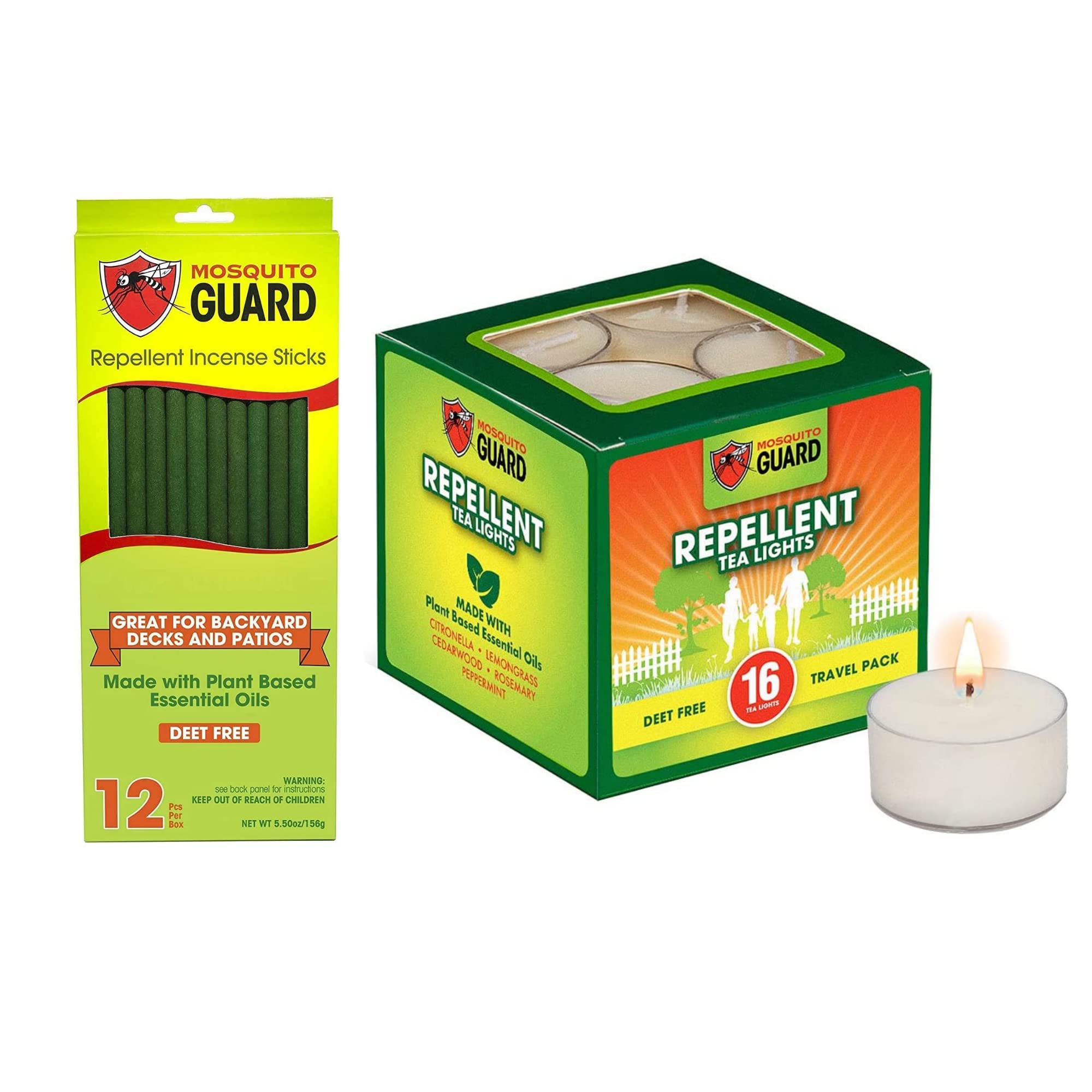 16 Pack Mosquito Repellent Tea Light Candles & 12 Large Mosquito Incense Sticks - Natural Bug Repellent for Outdoor Patio, Camping, and Backyard Use