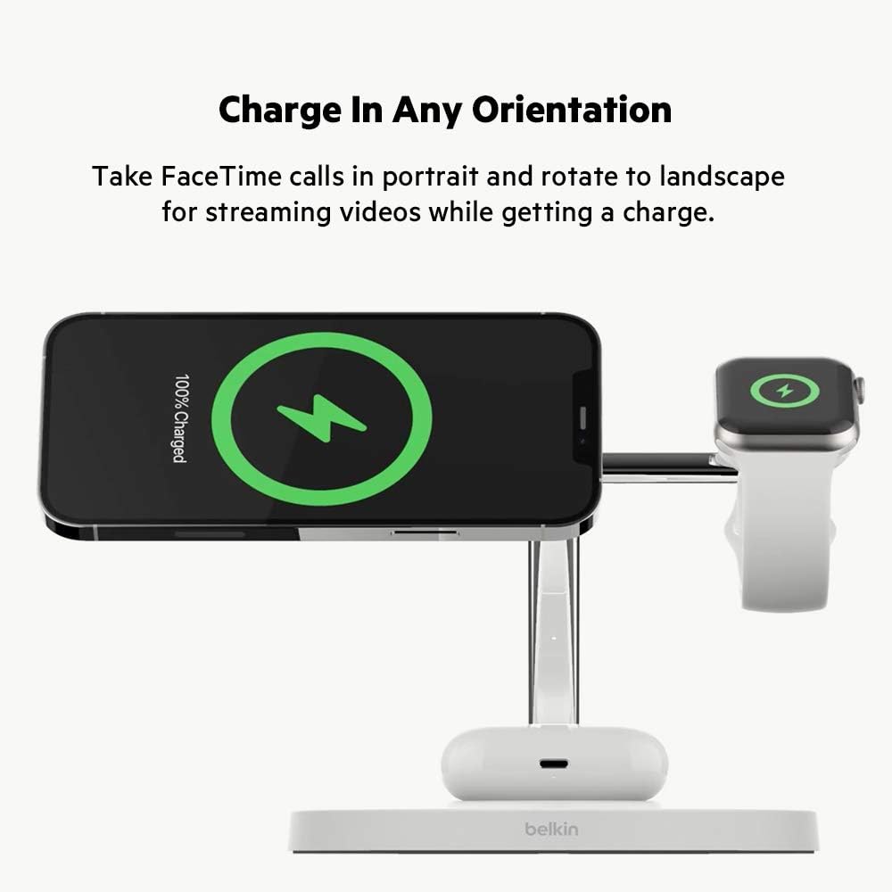 Belkin BoostCharge PRO 3-in-1 Wireless Charger with MagSafe - Fast 15W Charging for iPhone 16/15/14/13/12, Apple Watch & AirPods | Perfect for Home, Office & Travel | Magnetic Wireless Charging Station for Apple Devices