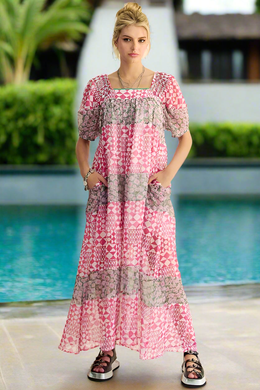 Floral Square Neck Puff Sleeve Maxi Dress for Women - Summer Boho Beach Wedding Guest Dress