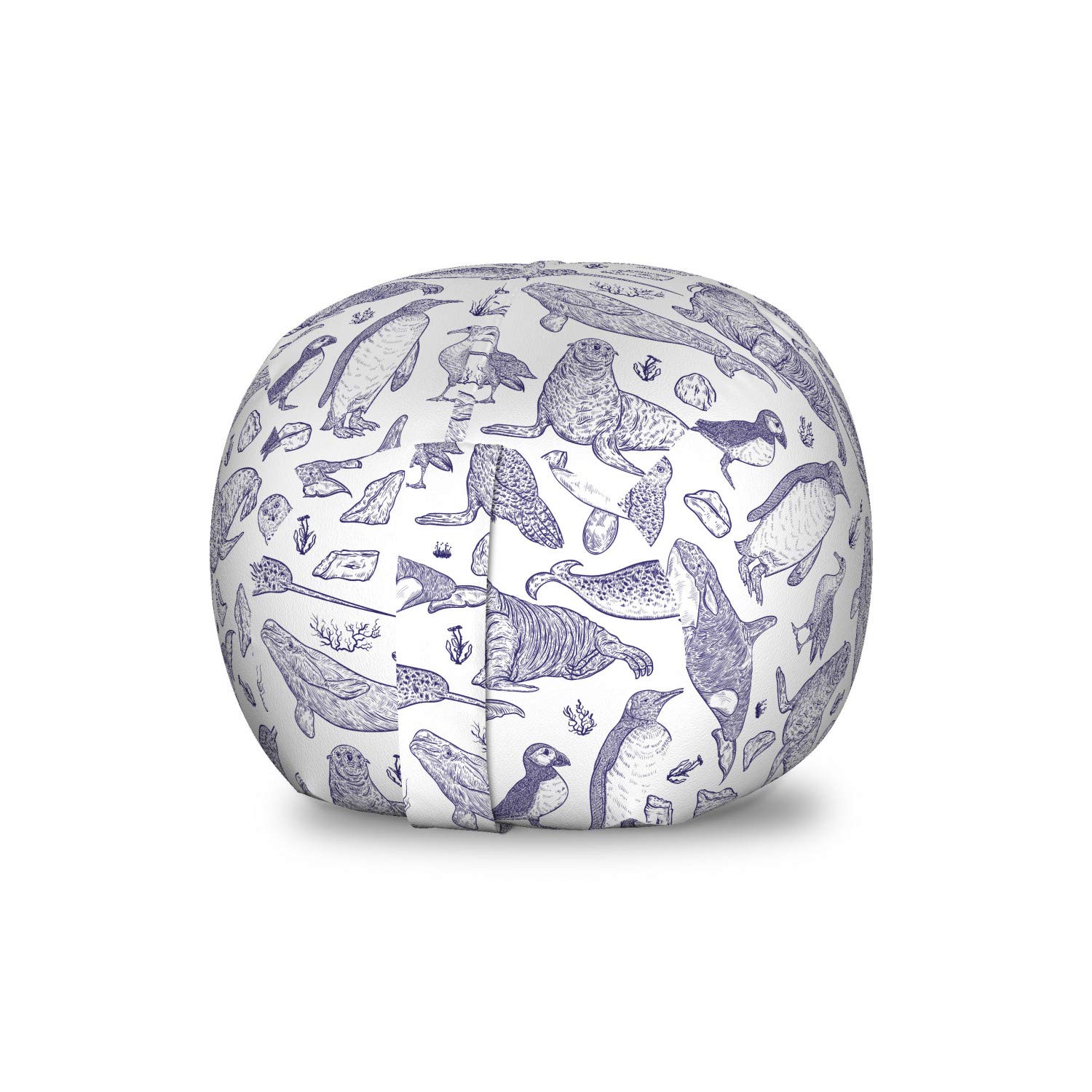 Ambesonne Washable Stuffed Animal Storage Bag Chair - Sketchy Drawn Arctic Narwhal, Snowy Owl, Albatross, Beluga Whale & Penguin Design - Small Size Indigo White - Kids Room Organizer for Toys, Plushies & Bedroom Decor